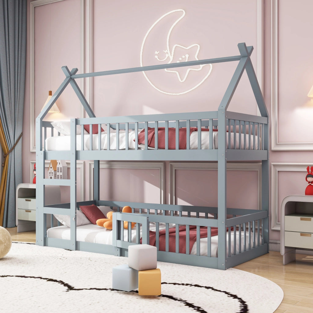 OKWISH Letto a Castello 90×200 cm, Letto Singolo con Scala, Sponde Alte e Porta Apribile, senza Materasso, in Legno, Grigio