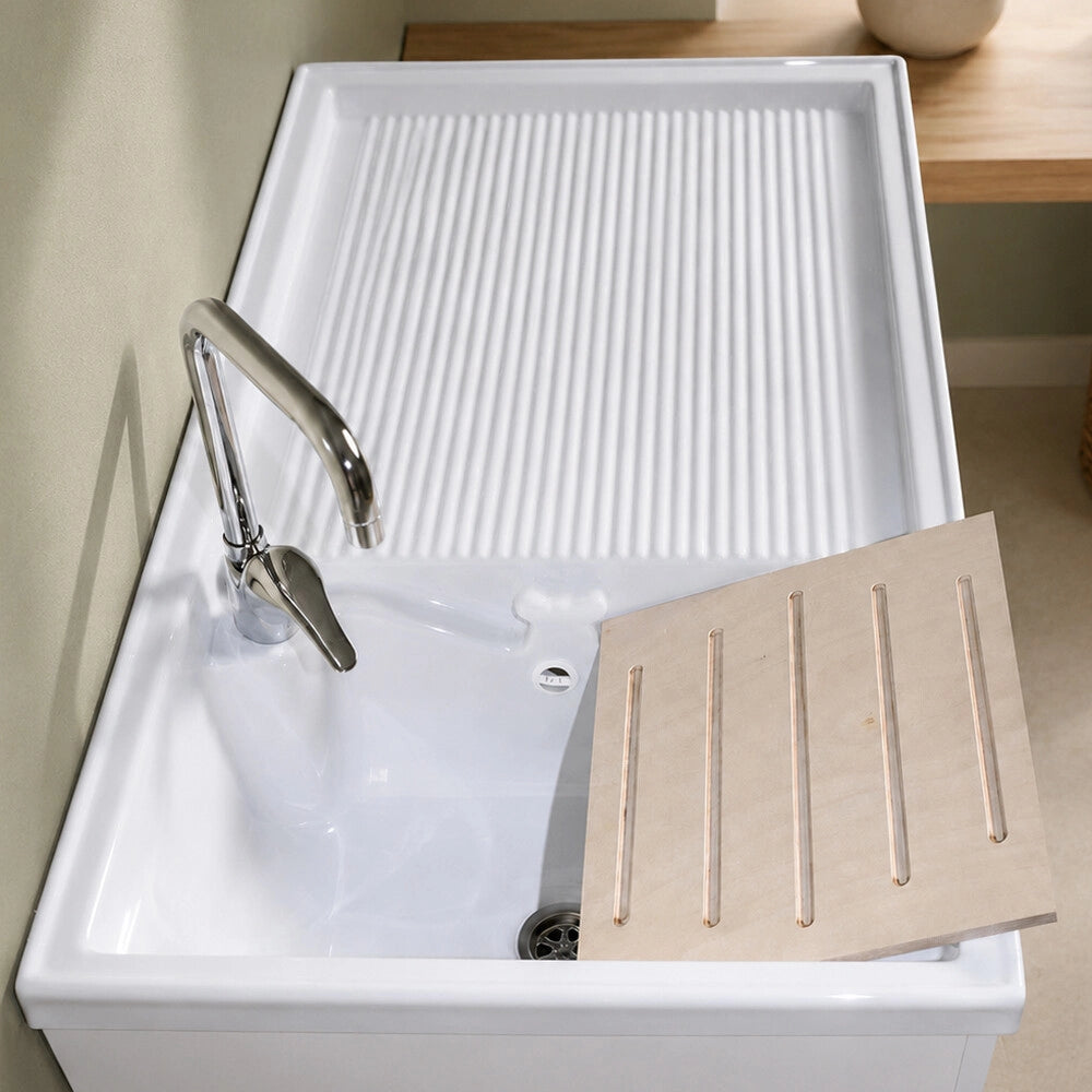 Mobile porta lavatrice 106x60 cm bianco opaco con vasca a sinistra e asse lavapanni incluso Medea