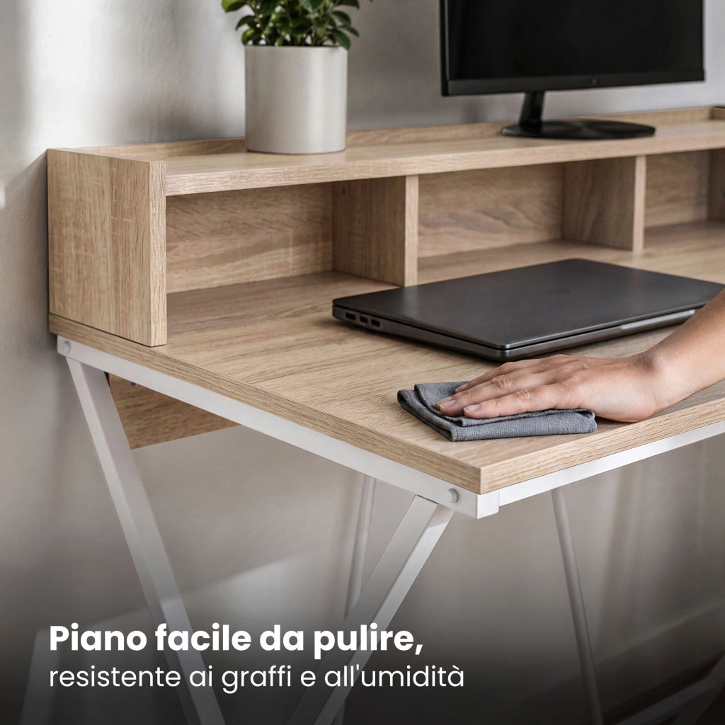Scrivania PC industriale Rovere Sonoma FLEXO 100 cm 1 cassetto 1 ripiano gambe bianche