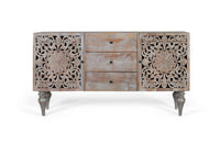 Credenza in legno di mango con due ante laterali intagliate a mano