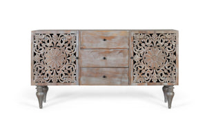 Credenza in legno di mango con due ante laterali intagliate a mano
