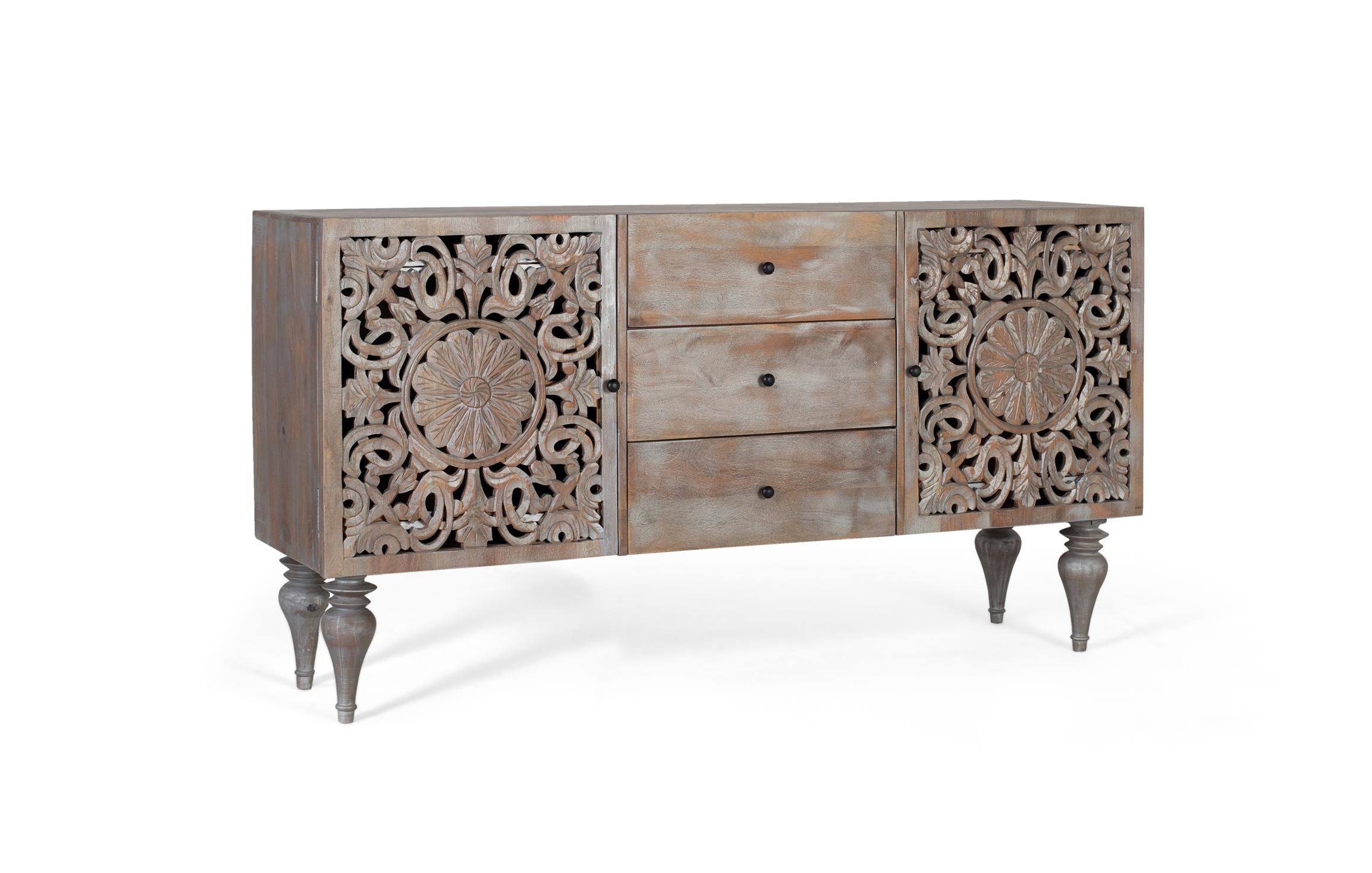 Credenza in legno di mango con due ante laterali intagliate a mano