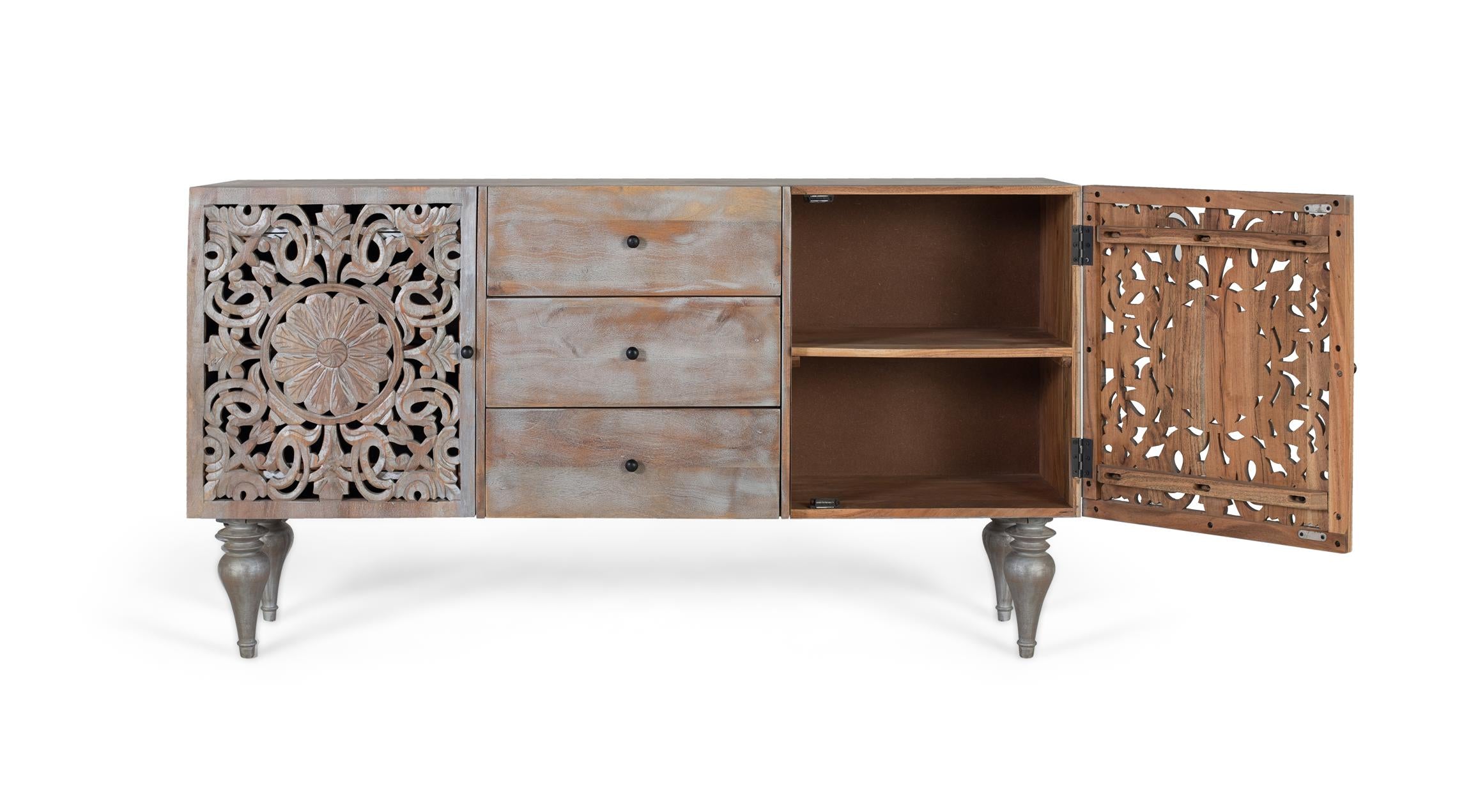 Credenza in legno di mango con due ante laterali intagliate a mano