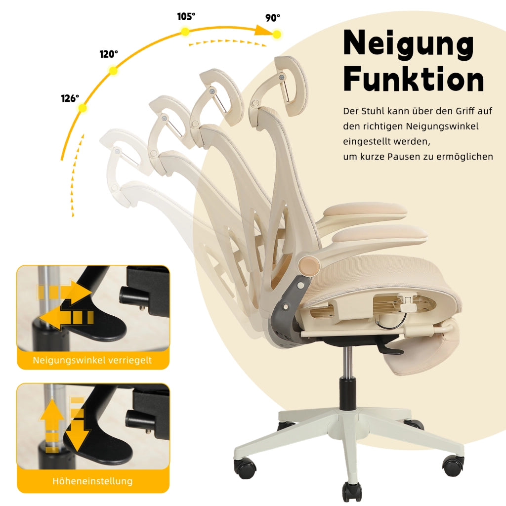 Sedia da ufficio ergonomica pieghevole in rete con poggiatesta regolabile e supporto lombare salvaspazio crema