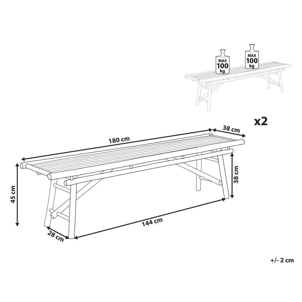 Set di 2 panche da giardino in bambù in marrone chiaro 180 cm pieghevole