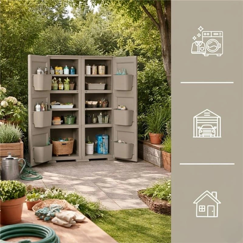 MOBILE MULTIUSO 2 ANTE TAUPE 79X43X125 CM CON 3 MODULI E 6 TASCHE LATERALI – ARMADIO ORGANIZZATORE VERTICALE PER LAVANDERIA E RIPOSTIGLIO