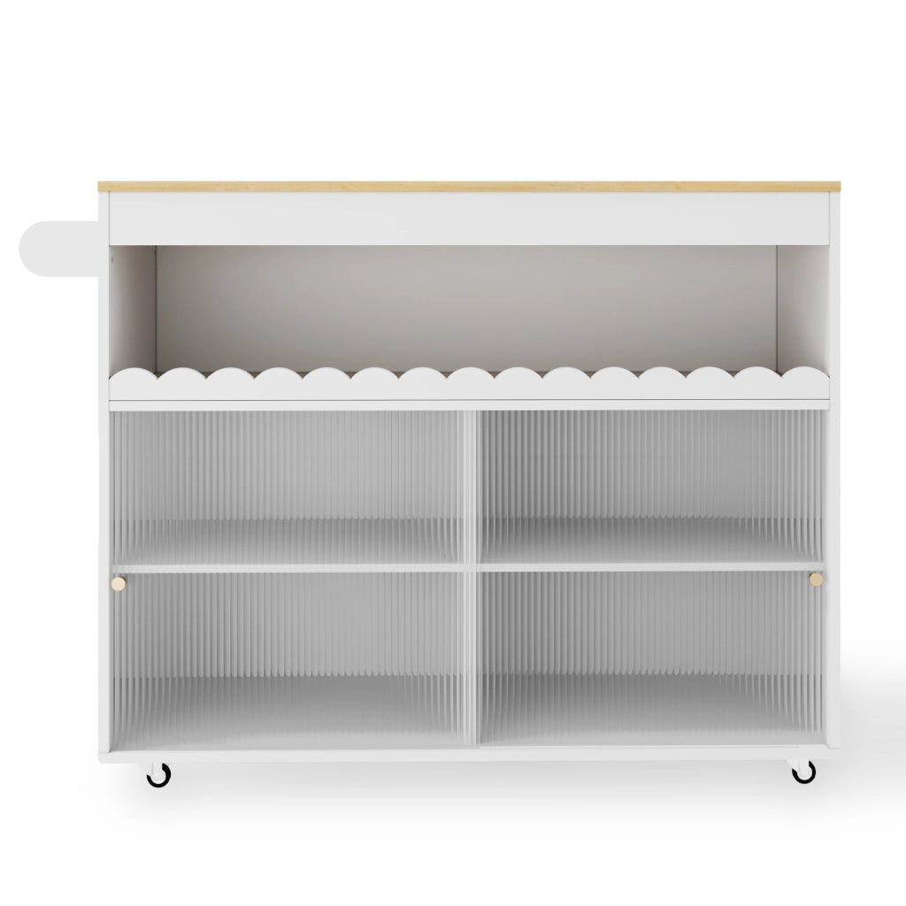 Isola Cucina Mobile 122x46/69x91 cm Bianca e Rovere con Piano Ribaltabile, Vetro e 5 Ruote