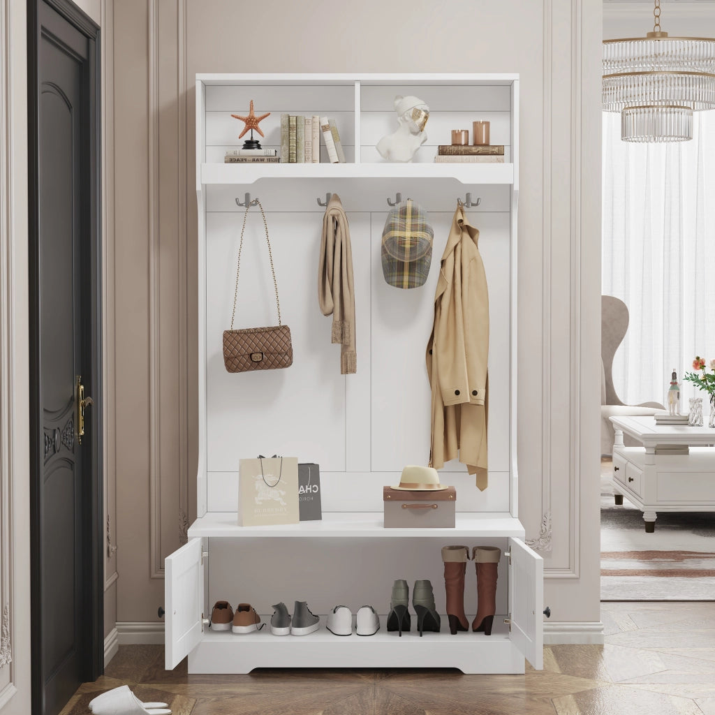Mobile ingresso con panca; 2 ante; 2 vani aperti e 4 ganci; per ingresso; bianco; 101.5 × 183 cm