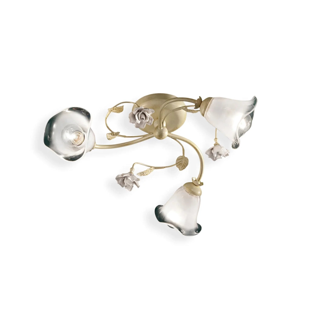 Plafoniera Classica Siena Metallo E Ceramica Bianco Sfumato Oro 3 Luci E14