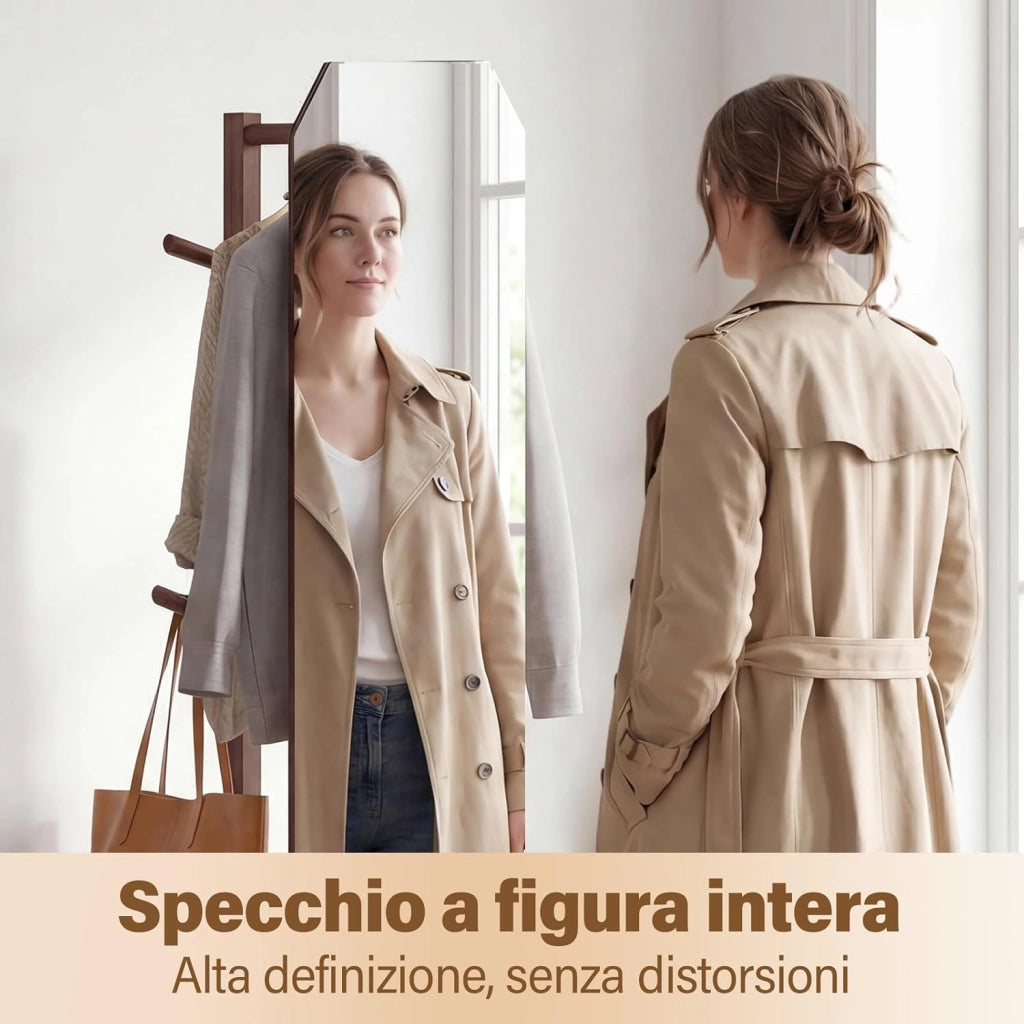 Appendiabiti Girevole a 360° con Specchio, Specchio a Figura Intera da Terra con Ripiani e Ganci, Appendiabiti per Soggiorno, Camera da Letto e Guardaroba (Stile 1)