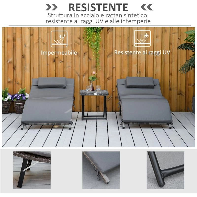 LETTINI PRENDISOLE RICHIUDIBILI CON CUSCINI RIMOVIBILI E TAVOLINO PIEGHEVOLE, SET 3 PZ IN RATTAN, GRIGIO