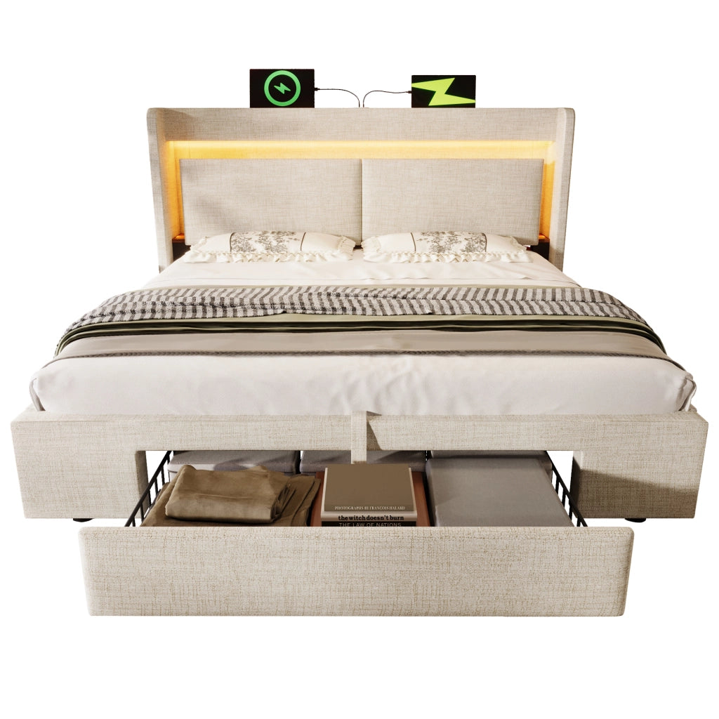 OKWISH Letto Contenitore 180×200 cm, Letto Matrimoniale con LED Regolabile, USB, Tipo C e Cassetto, senza Materasso, in Lino, Beige