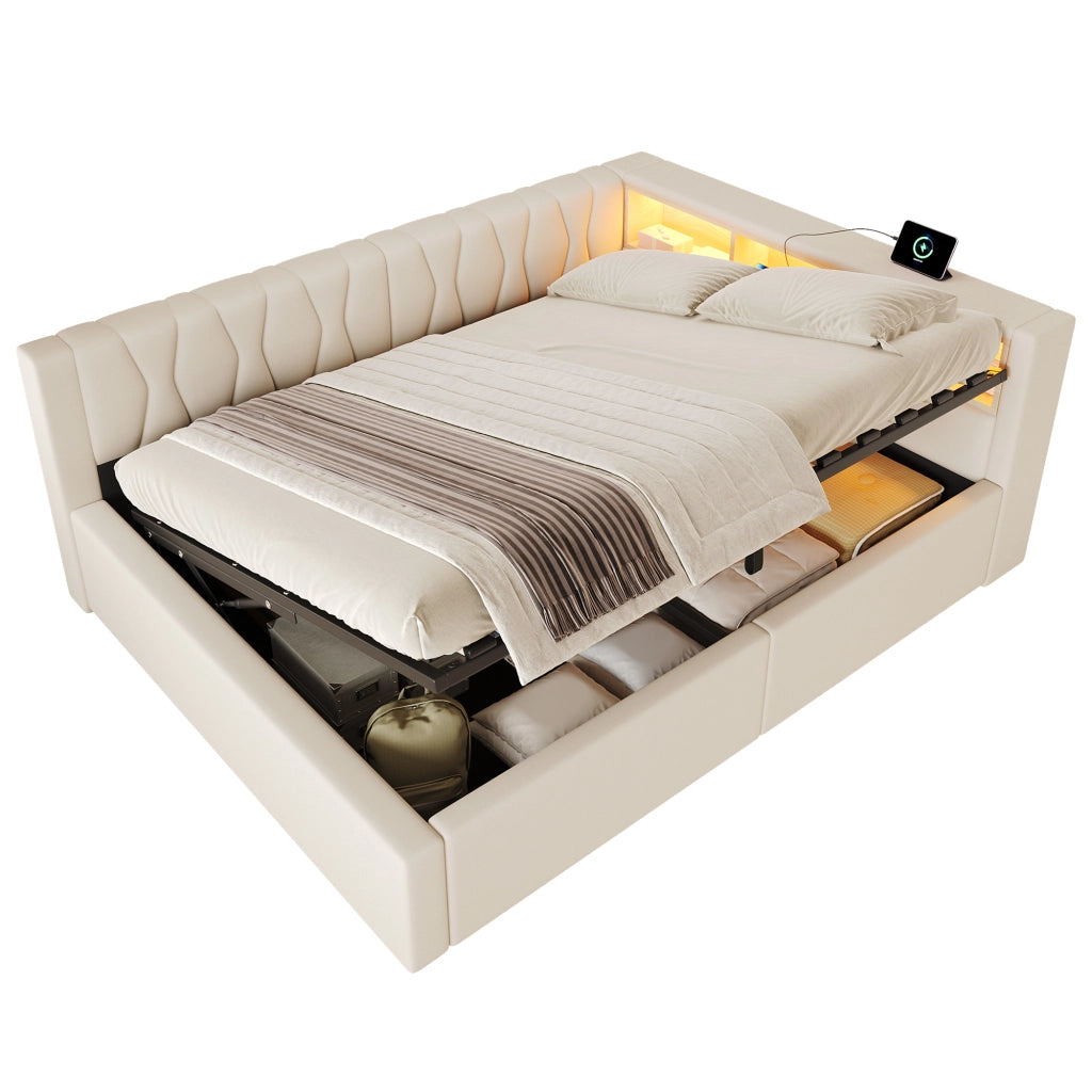 Letto contenitore 140x200 cm con sollevamento idraulico; LED dimmerabile; testiera con ripiano e USB; beige