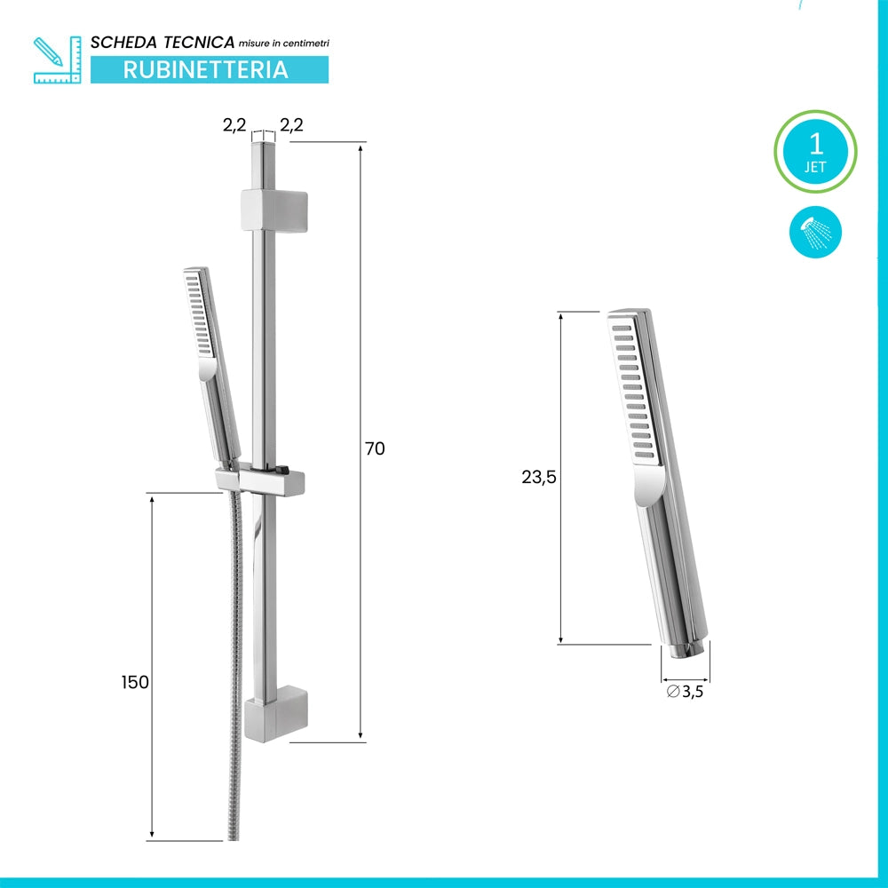 Saliscendi doccia quadrato 70 cm regolabile con doccetta slim in ABS cromo Hidra
