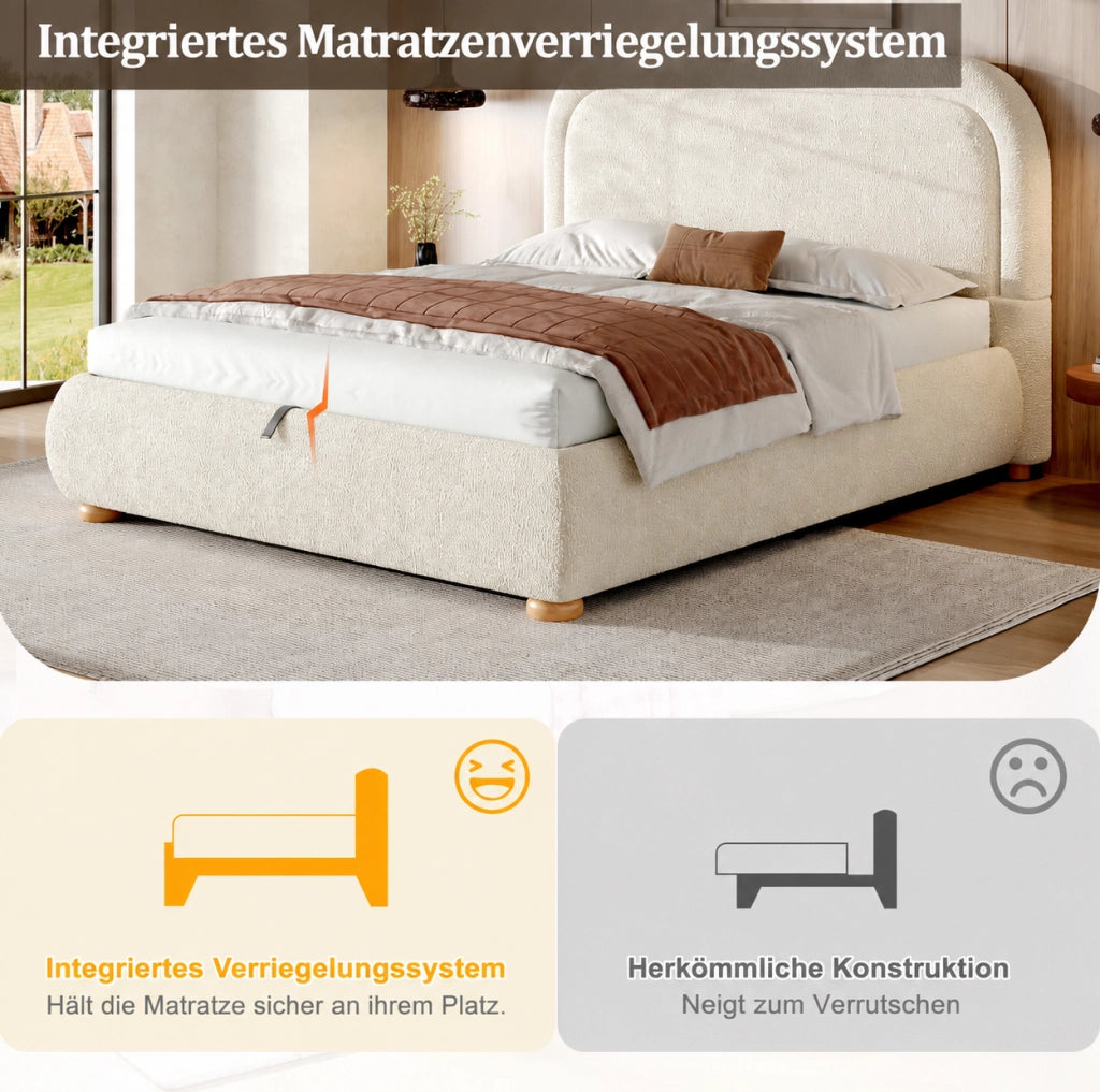 Letto imbottito beige in bouclé con vano contenitore e rete a doghe