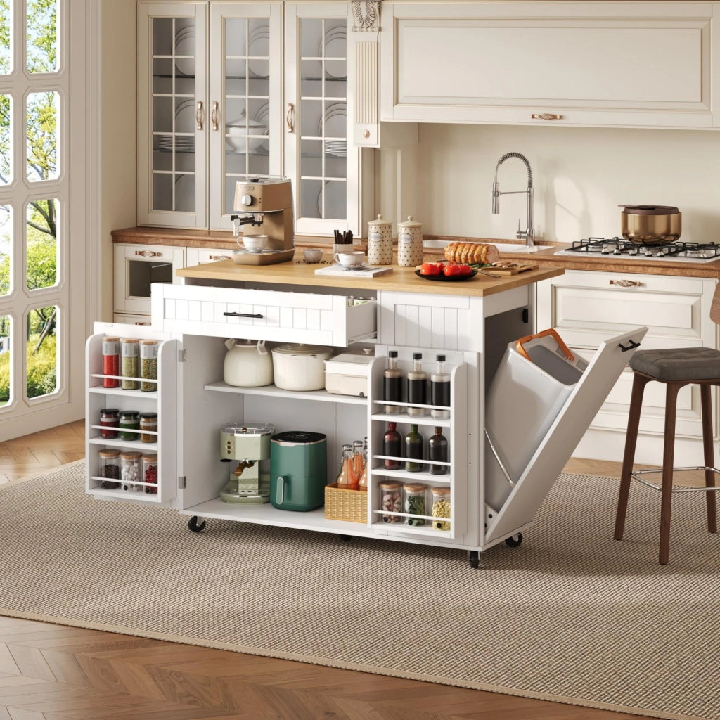 Isola da cucina mobile con piano ribaltabile, carrello portaoggetti, cassetto, ruote frenanti, 130x70x93 cm
