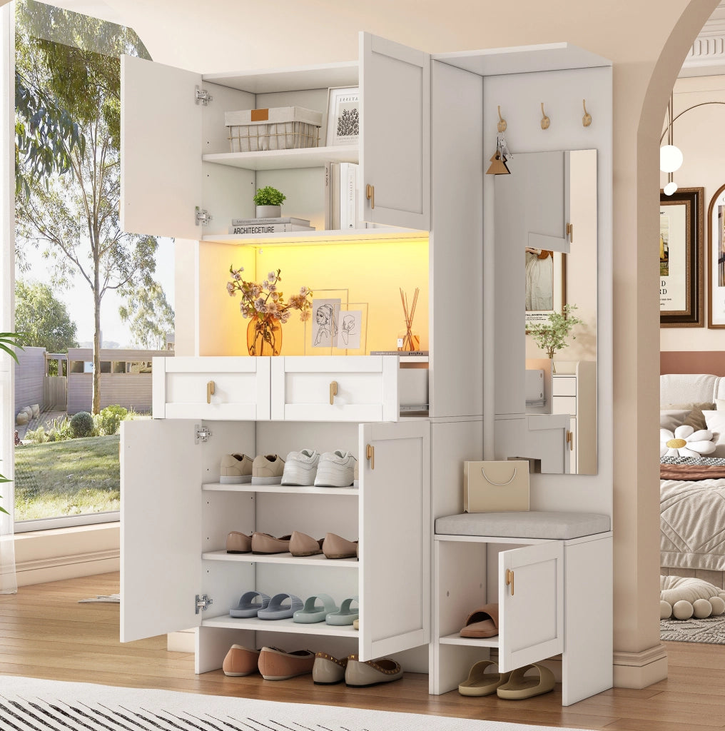 Set ingresso con panca; scarpiera; appendiabiti e specchio 120x33;5x180 cm; bianco