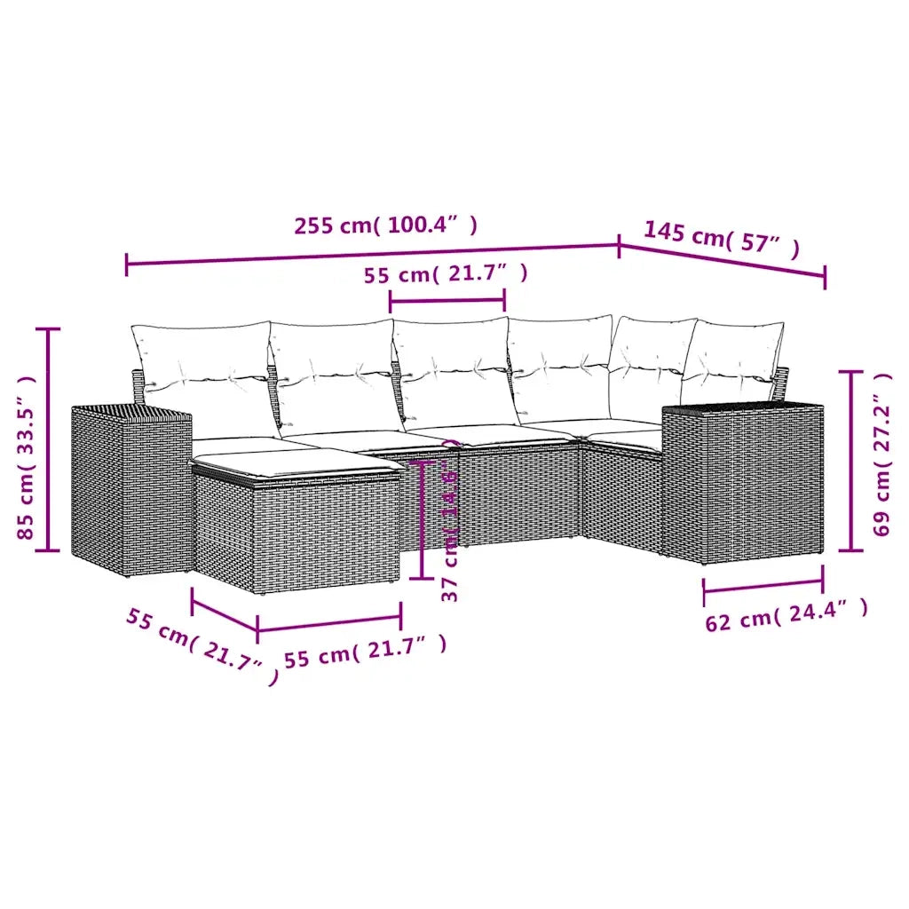 Set Divano da Giardino 6 pz con Cuscini Grigio in Polyrattan