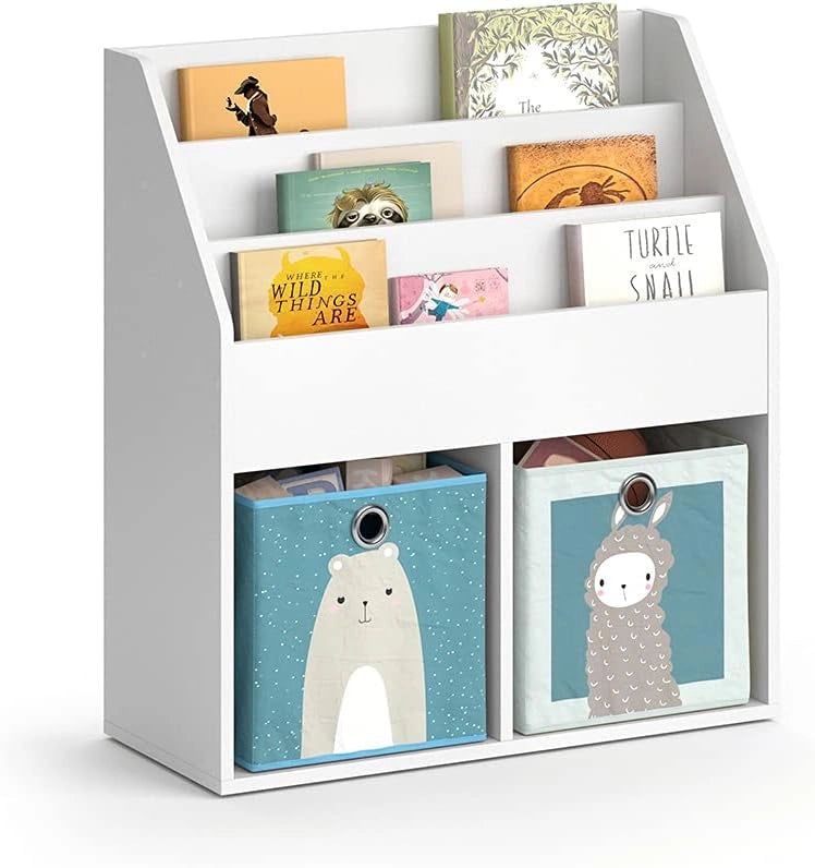 Libreria bambini Luigi, Bianco, 72 x 79 cm con 2 scatole pieghevoli opt.6, combinabile per riporre libri e giocattoli