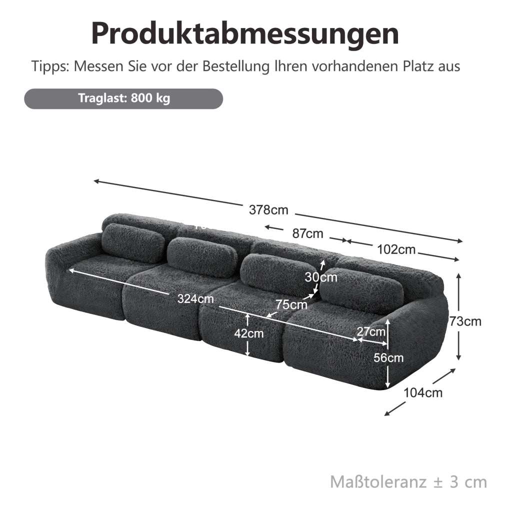 Divano angolare modulare in tessuto peluche con base antiscivolo; grigio