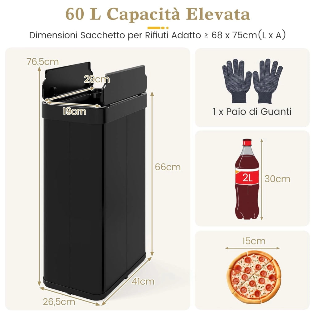 60L Cestino per Rifiuti con Coperchi a Ali, Pattumiera in Acciaio Inox Spazzolato con Sensore di Movimento a Infrarossi, Bidone Automatico per Camera da Letto, Bagno e Cucina (Nero)
