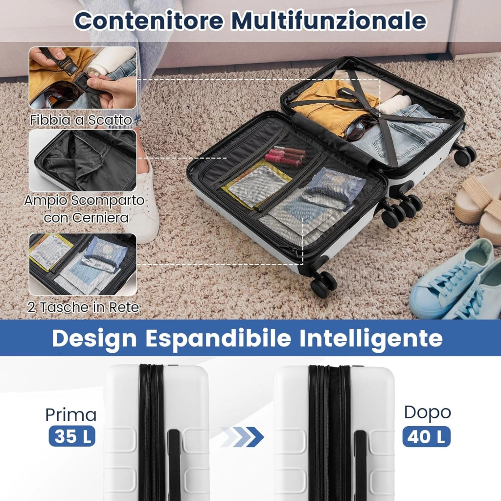 Valigia Bagaglio a Mano 20" con Tasca Frontale, Porta USB, Trolley Bagaglio a Mano con Serratura, Ruote Girevoli, Manico Regolabile (Senza Beauty + Bianco)