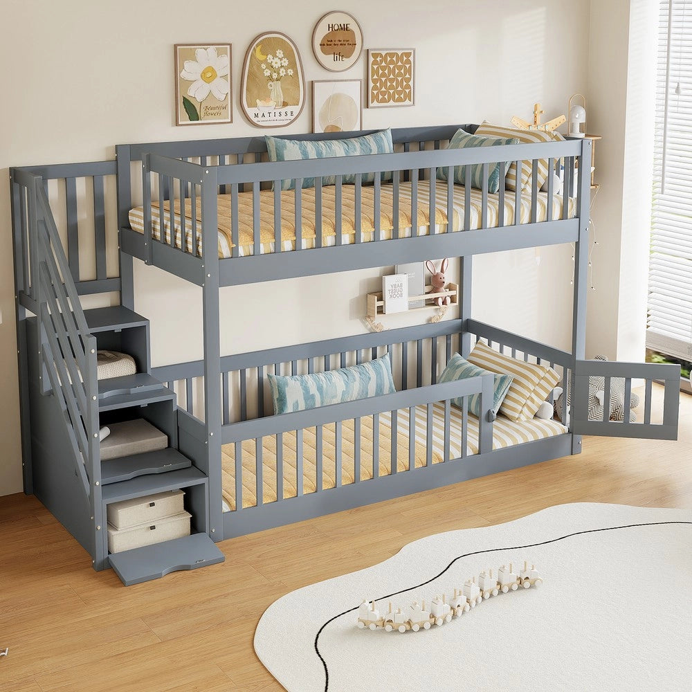 Letto a Castello 90x200 per Bambini con Scala e Cassetti ¨C Xylo ¨C Grigio, Legno