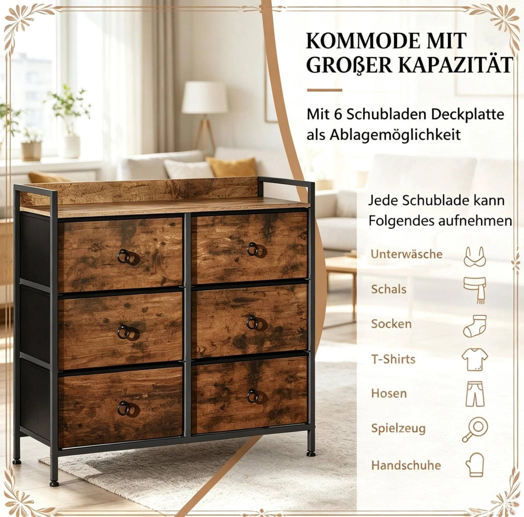 Mobiletto con 6 Cassetti in Legno E1 e Metallo, 80x29x78 cm, Colore Marrone Rustico e Nero