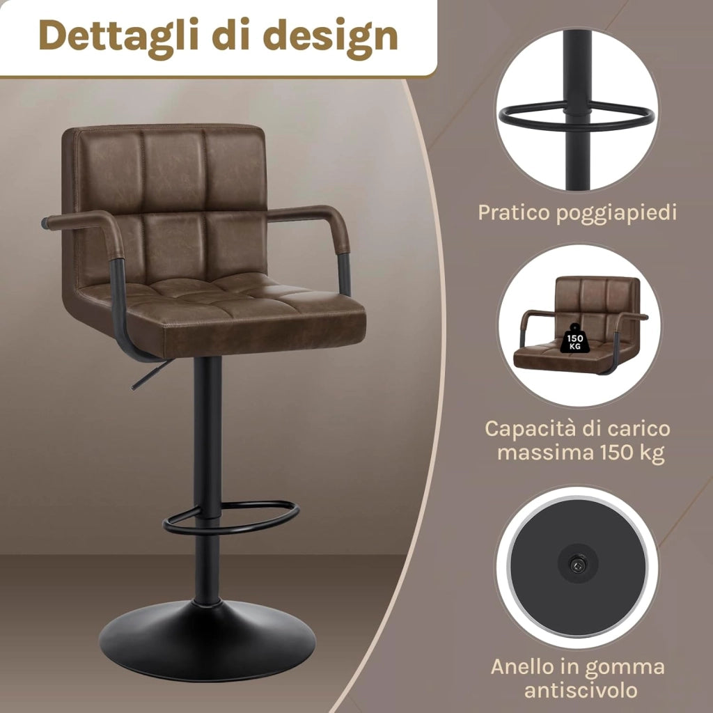Coppia Sgabelli da Bar PU Vintage Sedia per Cucina Girevole con Schienale Braccioli Marrone