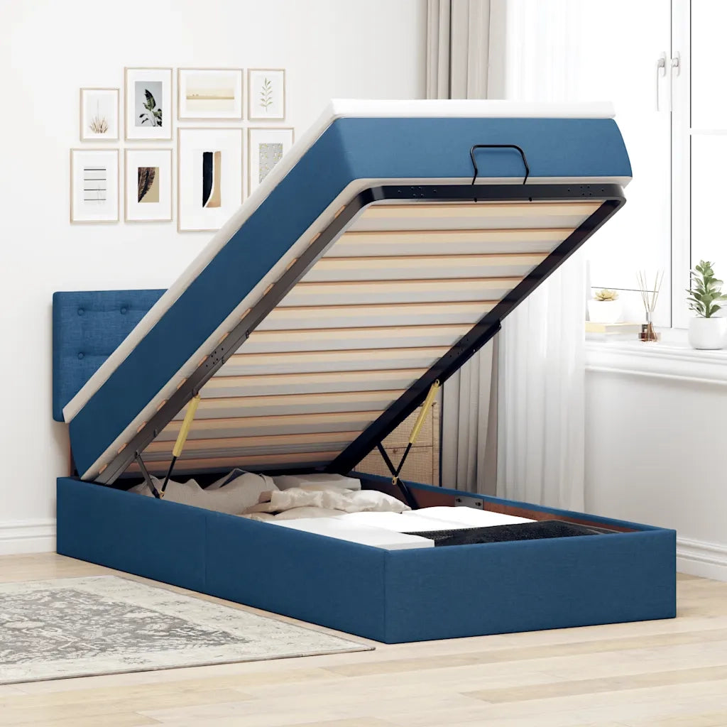 Struttura Letto Pouf con Materasso Blu 90x190 cm in Tessuto 3311593
