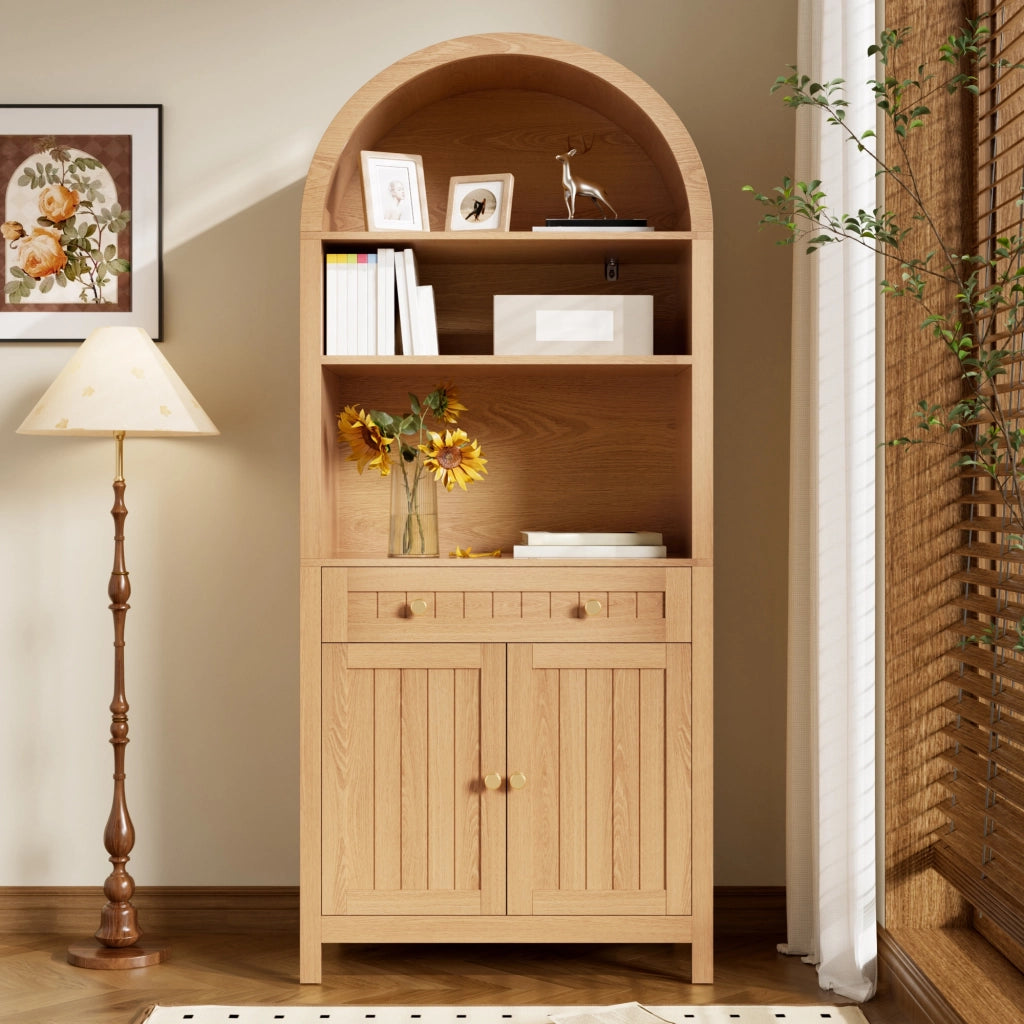 Mobile da cucina, libreria, ante a doppia apertura, ripiano interno per le spezie, in truciolato + MDF, colore legno naturale