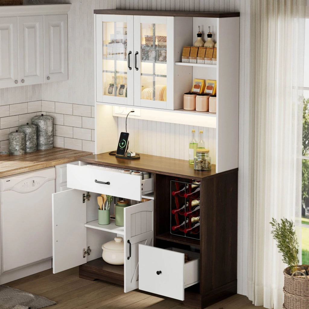 Credenza 105x40x185 cm con LED a colori; prese e ante in vetro; MDF; naturale e bianco