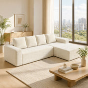 Divano angolare modulare componibile con chaise reversibile e seduta profonda senza montaggio in velluto a coste beige