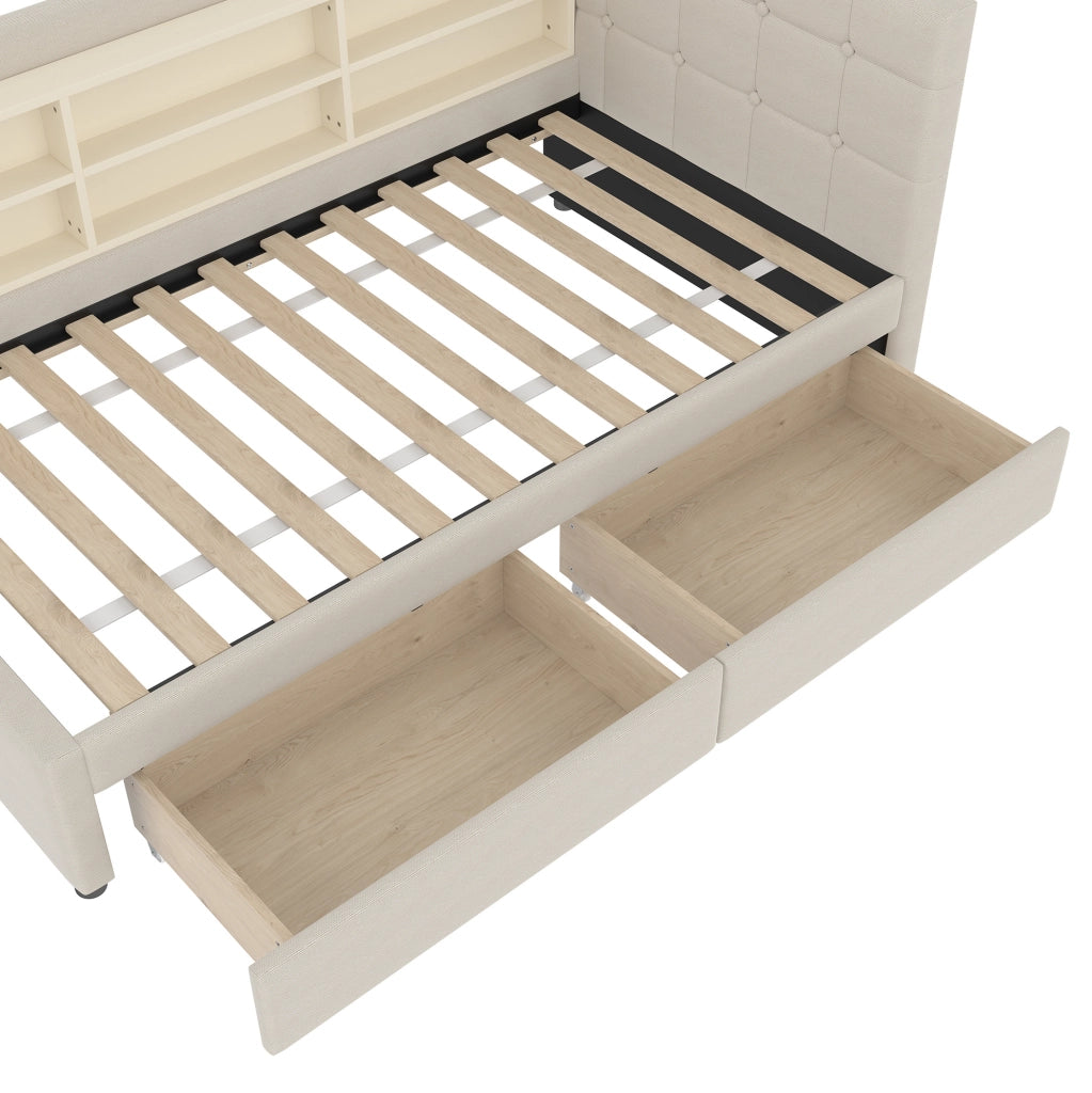 Letto daybed 90x200 cm in lino beige con 2 cassetti e porte USB