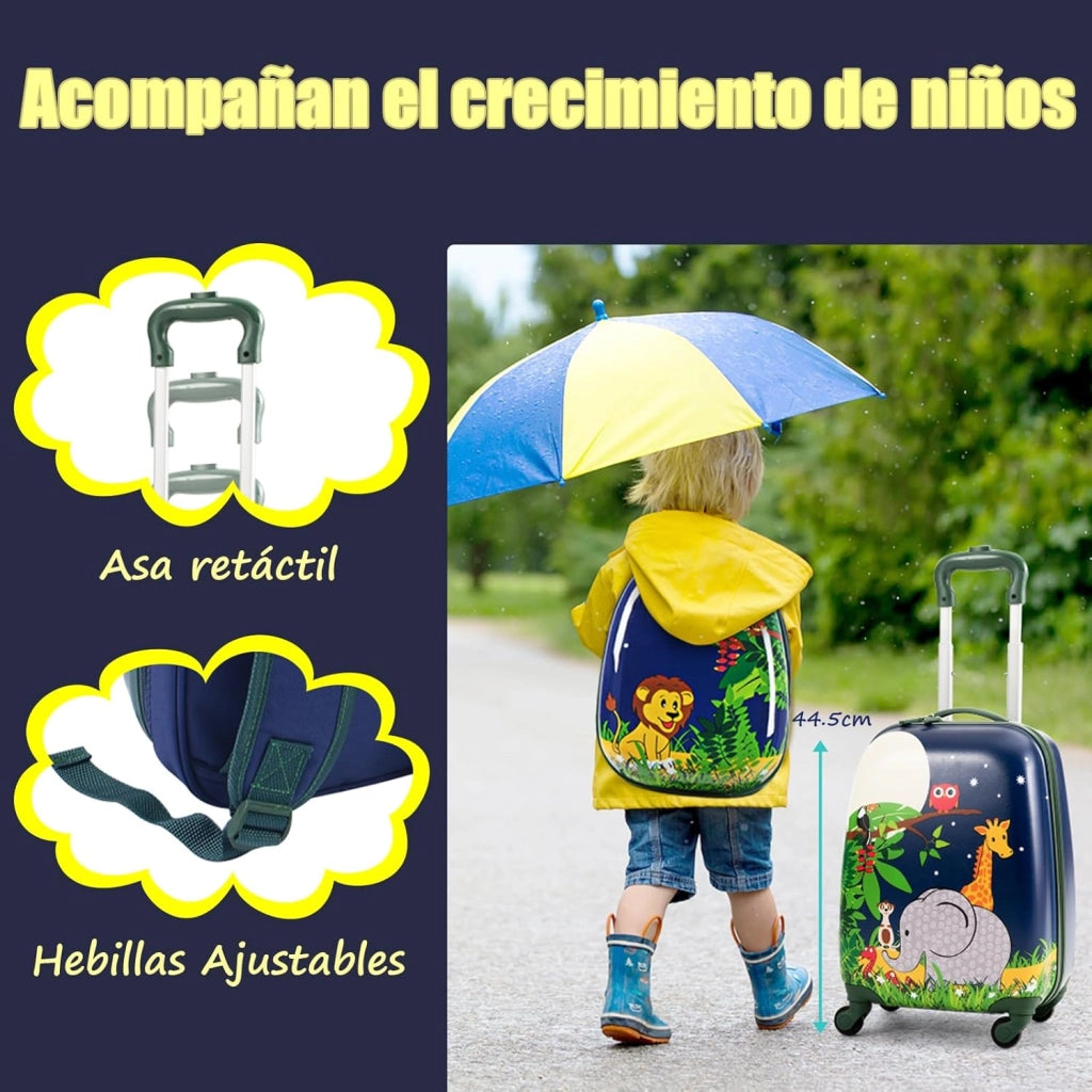 Set di Valigia 16’’ + Zaino 12’’ per Bambini 2 Pezzi, Bagagli 2-in-1 con Zainetto da Viaggio Aereo, Trolley con Maniglia Telescopica e 4 Ruote a 360° (Blu Jungla)