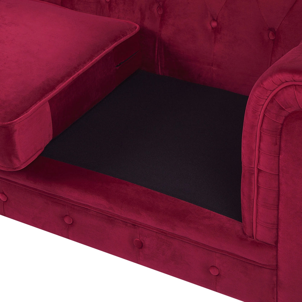 Divano Chesterfield Tessuto Velluto Rosso Scuro Rivestimento Gambe Nere 3 Posti