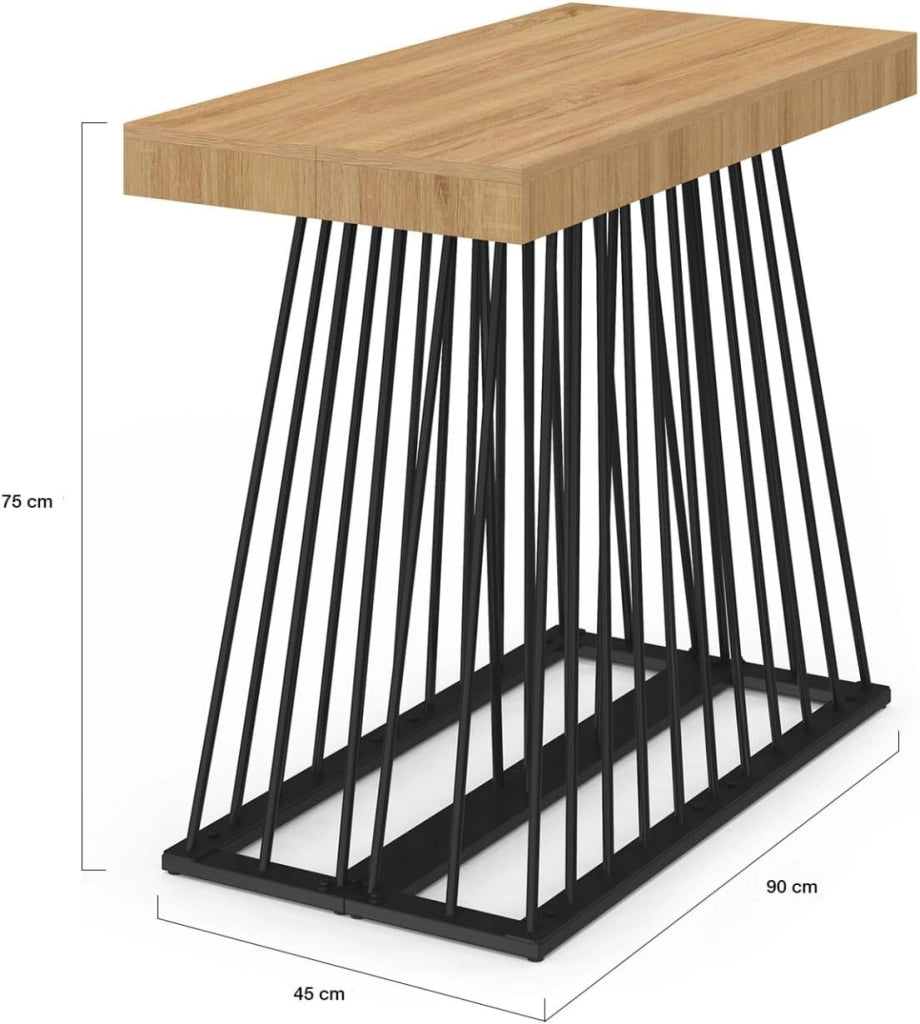 Consolle allungabile YUNA, 10 posti, 235 cm, con piano in legno e gamba in filo metallico nero