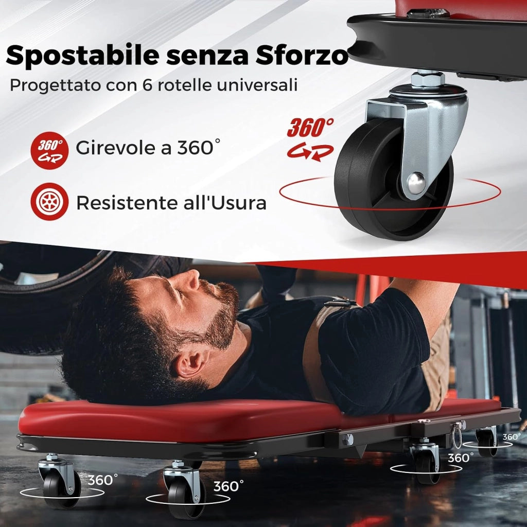 COSTWAY 2 in 1 Sgabello da Officina a Forma di Z, Carrello Meccanico sotto Auto con Sedile Imbottito e Ruote Girevoli a 360°, Portata 150 kg, per Garage e Officina (Rosso)