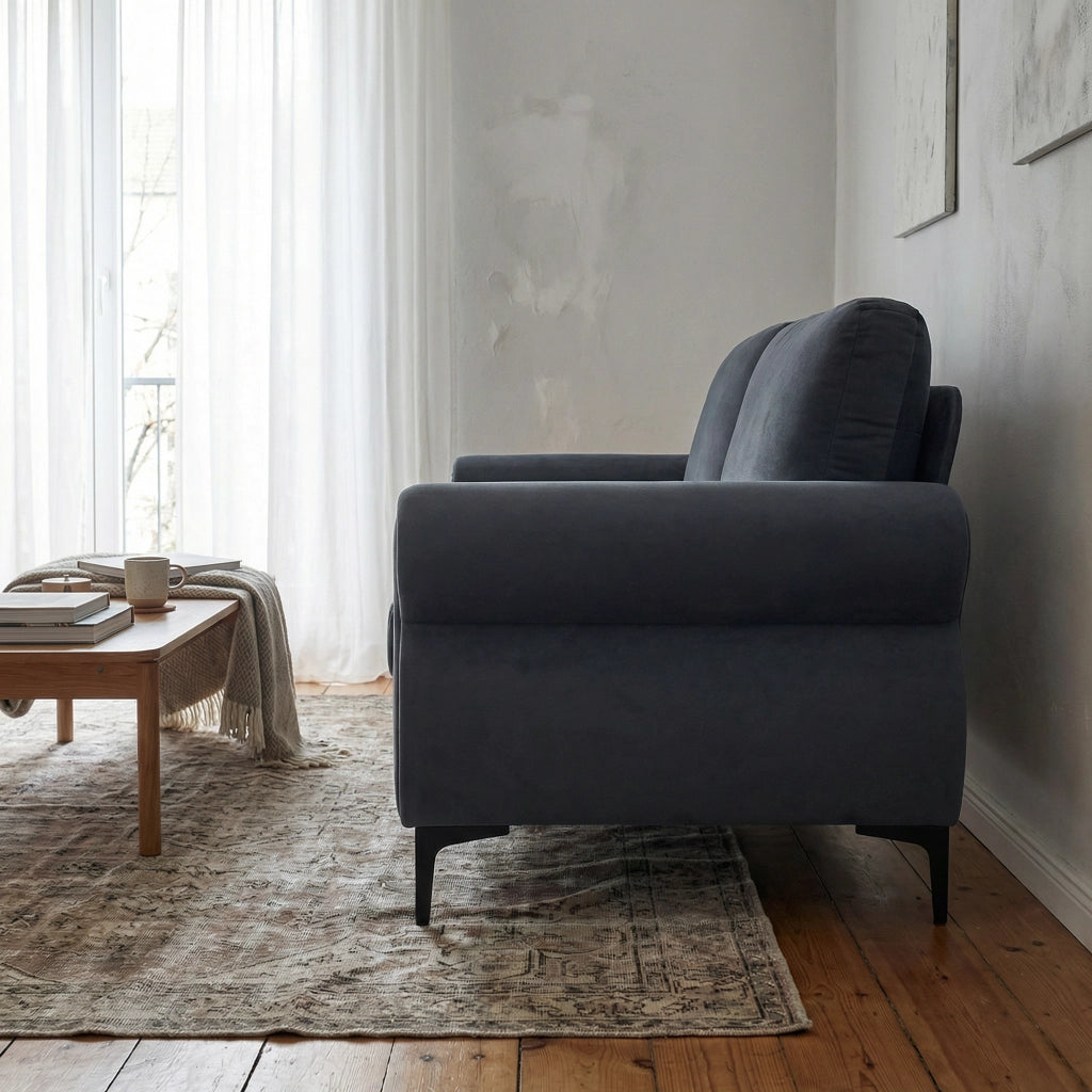 Divano lineare con struttura in metallo e legno, seduta ergonomica, rivestimento sfoderabile, 173,5 cm, grigio scuro
