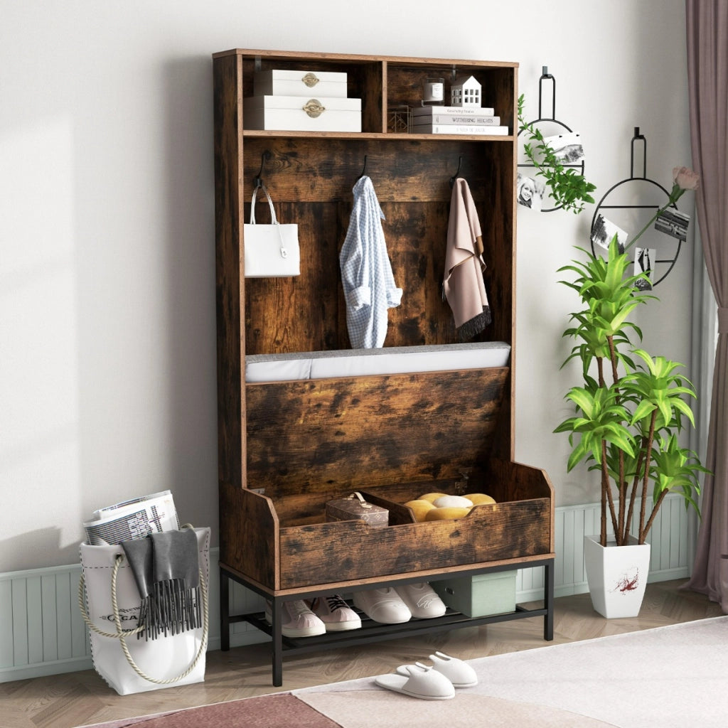 Appendiabiti da ingresso con cuscino per seduta e scomparti aperti, Appendiabiti 4-in-1 con stoccaggio per scarpe Marrone-Appendiabiti