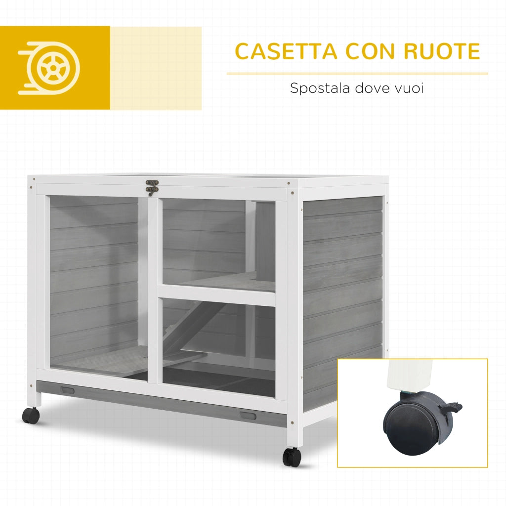 Conigliera in Legno a 2 Piani con Casetta. Rampa e Vassoio Estraibile. 91.5x53.3x73cm