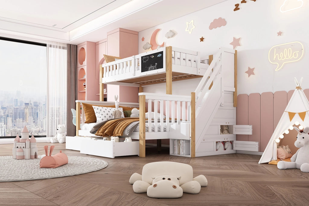 DESMIU Letto a Castello 2 Posti con Lavagna, 2 Cassetti, 90 × 200 cm e 140 × 200 cm senza Materasso