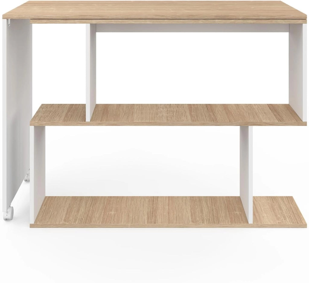 JOY Scrivania angolare girevole a 180° Scaffale a S in legno effetto faggio e bianco