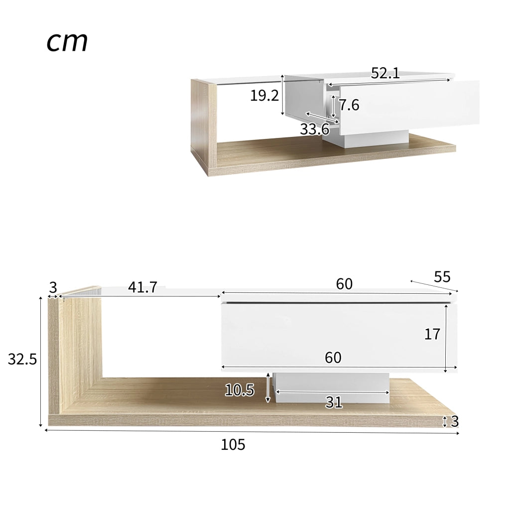 Tavolino da Salotto con Piano in Vetro Temperato e LED 16 Colori; Bianco Lucido e Legno Naturale; in Pannello di Particelle; 105¡Á55¡Á32;5 cm