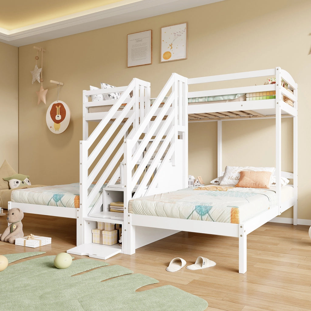 Letto a castello bianco in pino con funzione contenitore e parapetto 90x200 cm