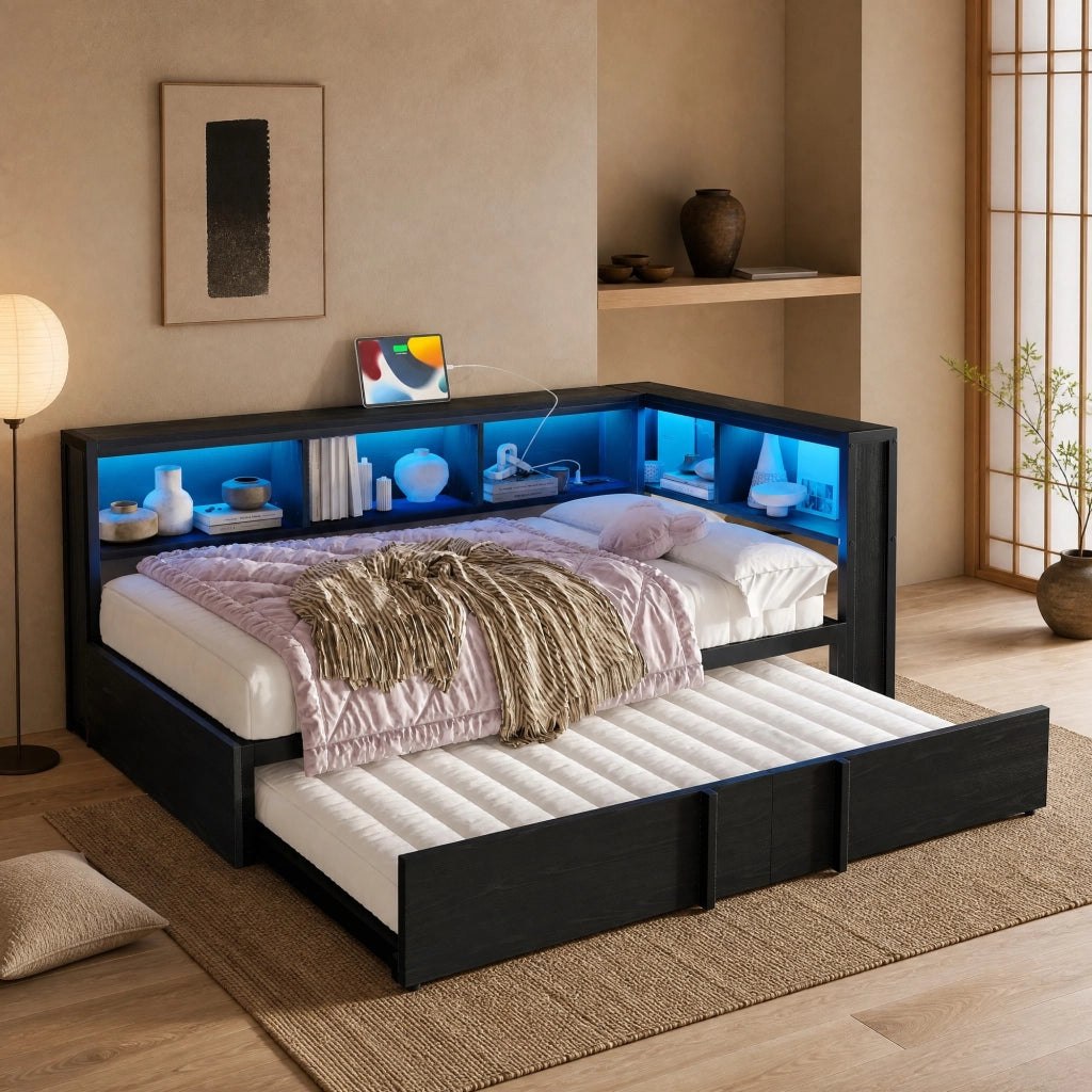 LETTO Con letto estraibile 90x200 cm Metallo e MDF Nero con vani contenitore
