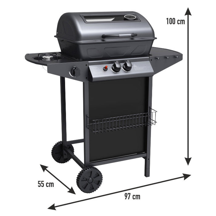 Barbecue a Gas GPL 2 Fuochi a Pietra Lavica con Fornello Laterale Nero