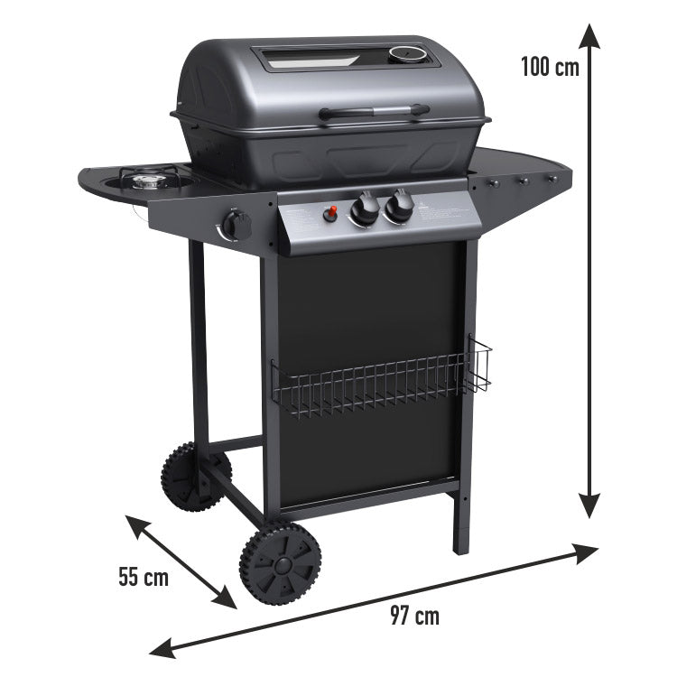 Barbecue a Gas GPL 2 Fuochi a Pietra Lavica con Fornello Laterale Nero