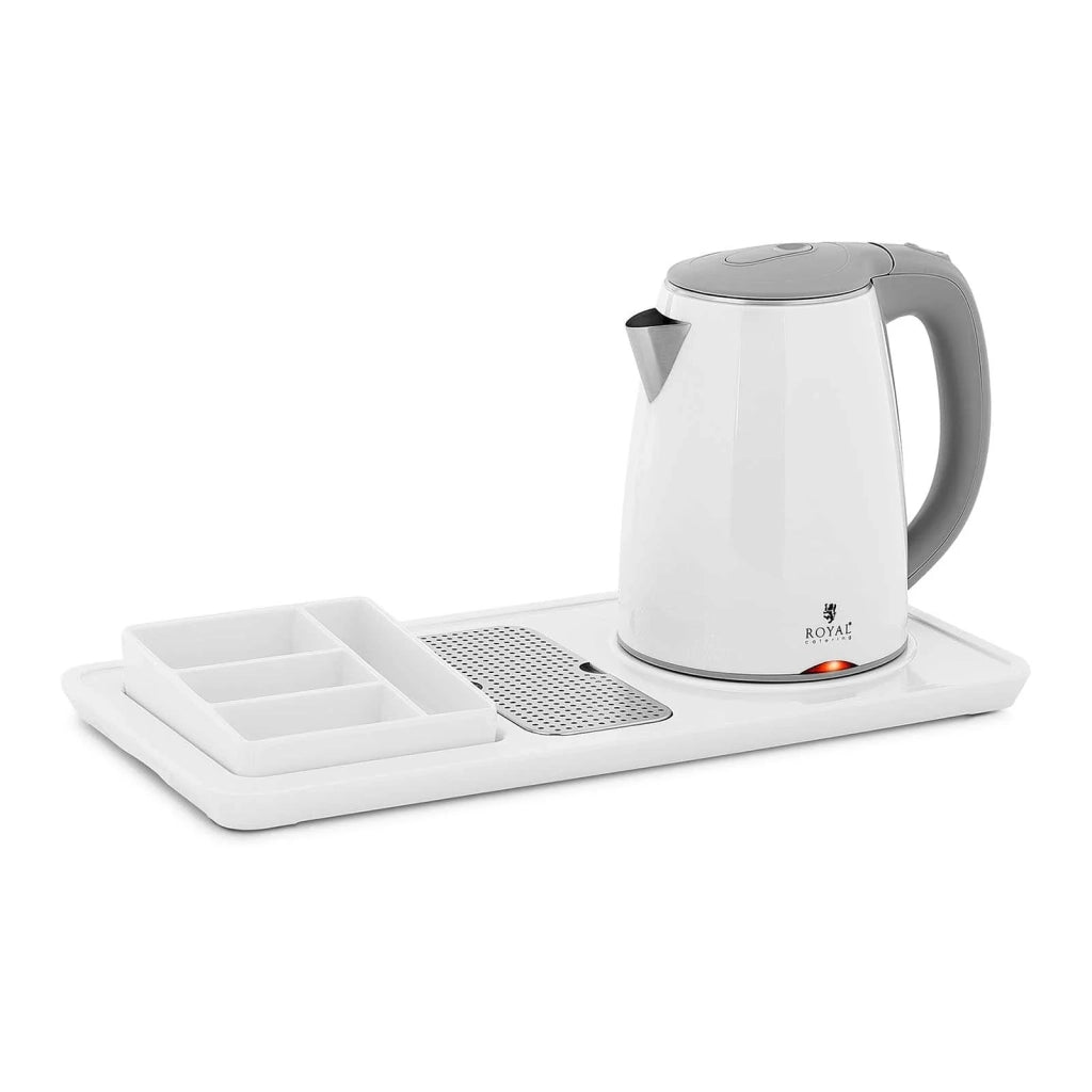 Vassoio di cortesia hotel Premium con bollitore elettrico con scomparti per caffè e tè 1,2 litri 1800 watt acciaio inox bianco 14_0004298