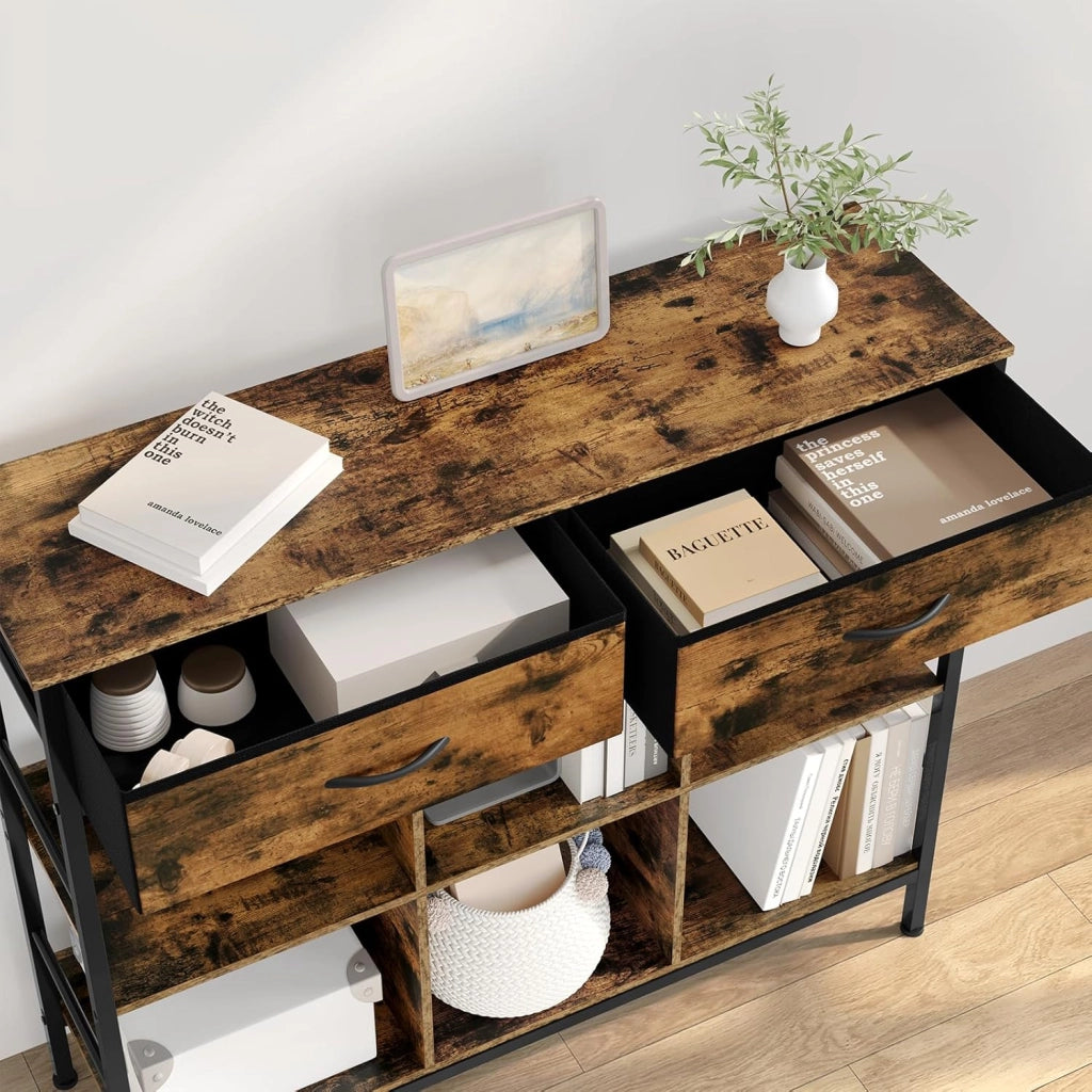 Libreria rustica marrone con 6 ripiani, 2 cassetti, struttura in metallo, autoportante, studio, soggiorno, camera da letto
